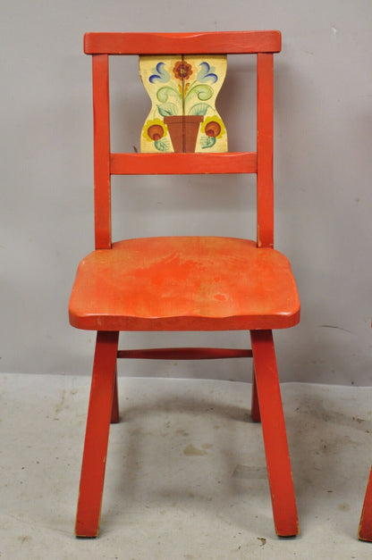 Vintage Gimble's Red Painted Colonial Hand Painted Flower Side Chairs - a Pair