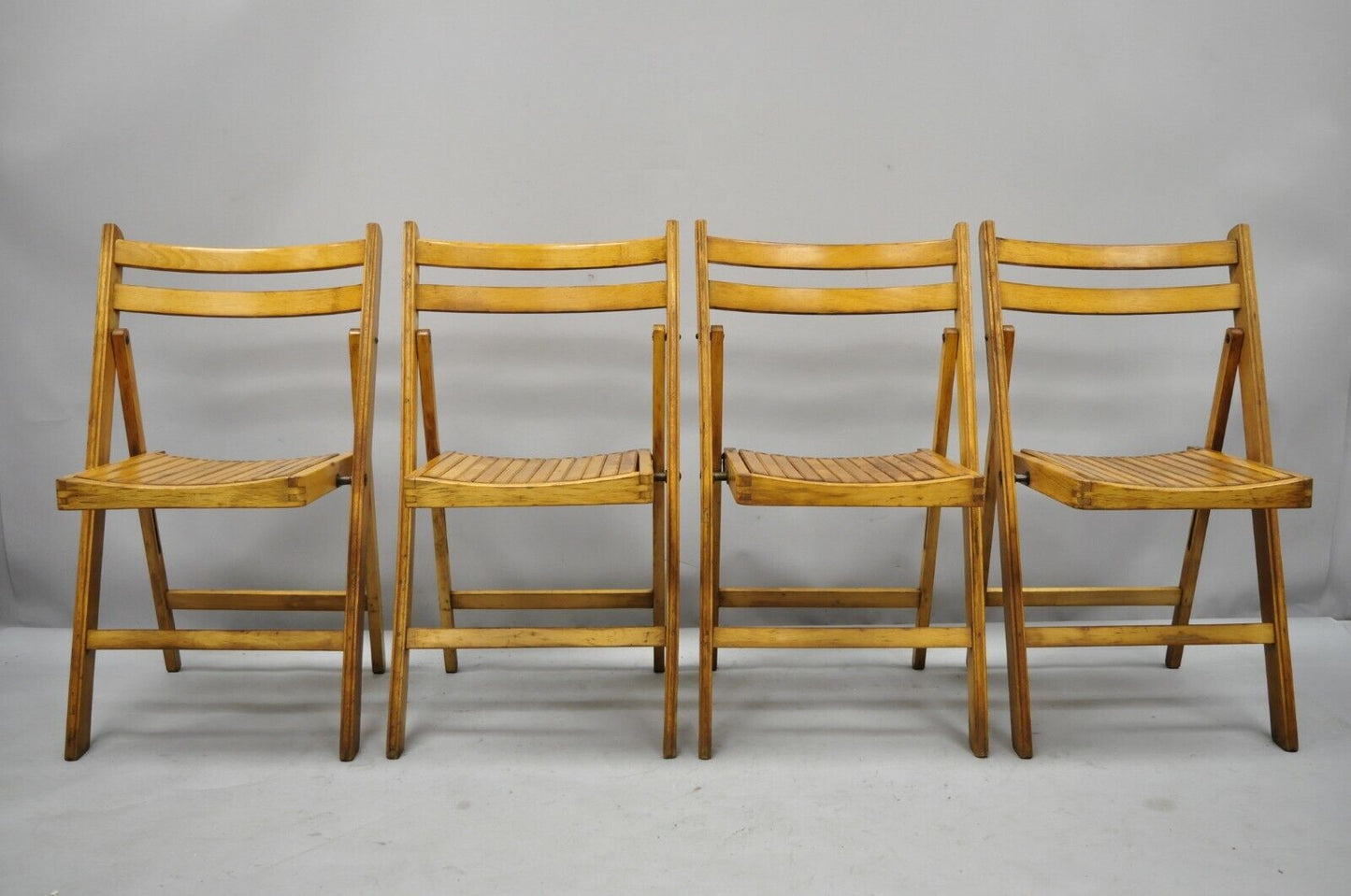 4 Vintage Wood Slat Seat Mid Century Modern Folding Dining Game Chairs