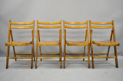4 Vintage Wood Slat Seat Mid Century Modern Folding Dining Game Chairs