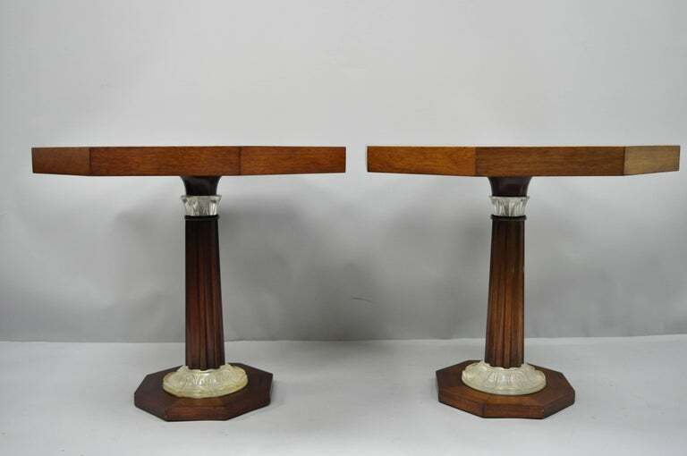 Pair of Art Deco Octagonal Mahogany & Lucite Pedestal Side Tables Grosfeld House