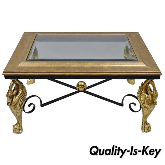 Regency Style Swan Base Rectangular Coffee Table Gold Metal Iron and Glass Top B