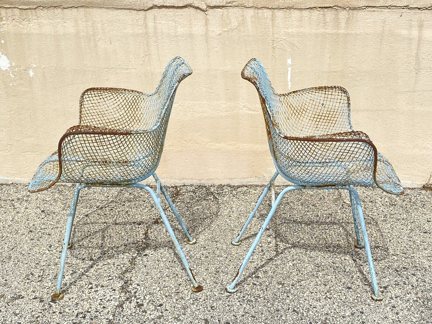 Russell Woodard Sculptura Wrought Iron Blue Distress Painted Arm Chairs - a Pair