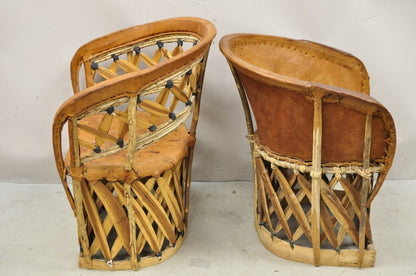 Vintage Brown Leather and Cedar Wood Mexican Equipale Barrel Club Chairs a Pair