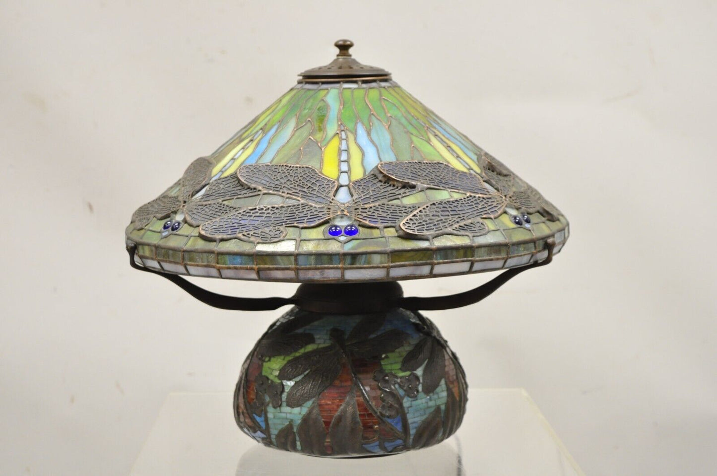 Tiffany Style Bronze and Leaded Stained Glass Blue Eye Dragonfly Table Lamp