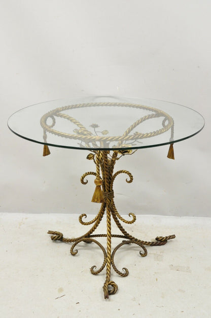 Italian Hollywood Regency Gold Gilt Iron Rope & Tassel Glass Top Center Table