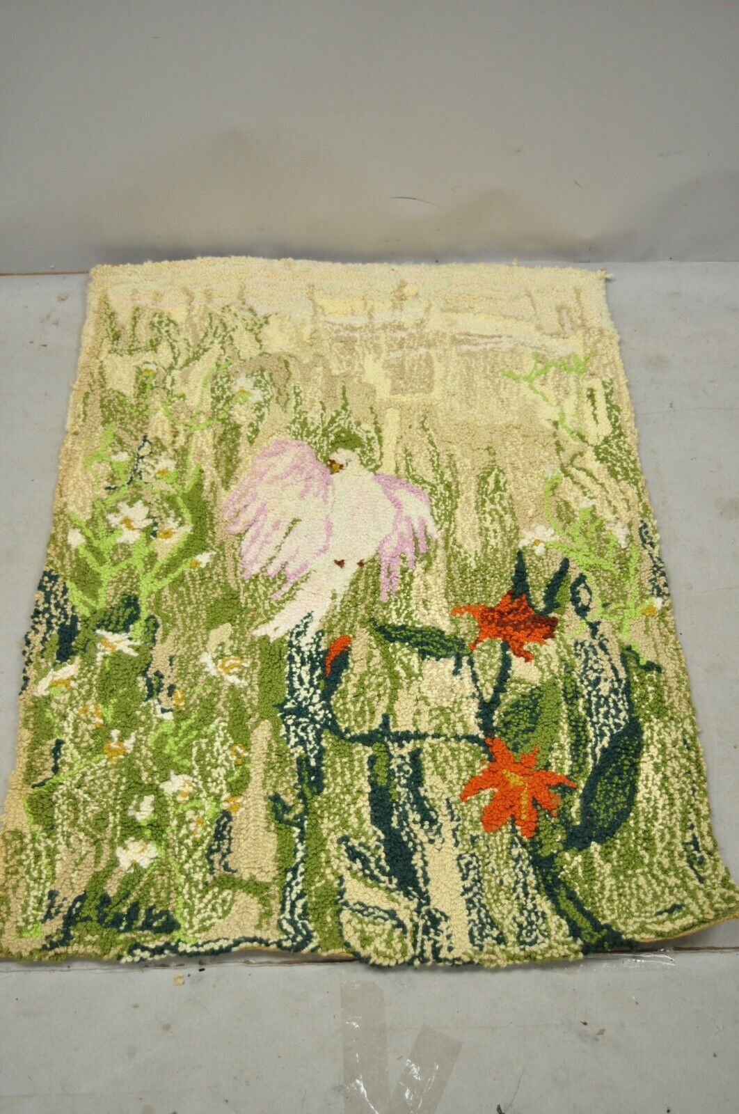 Vintage Art Nouveau Birds of Paradise Pink Green 48" x 33" Wool Rug Carpet