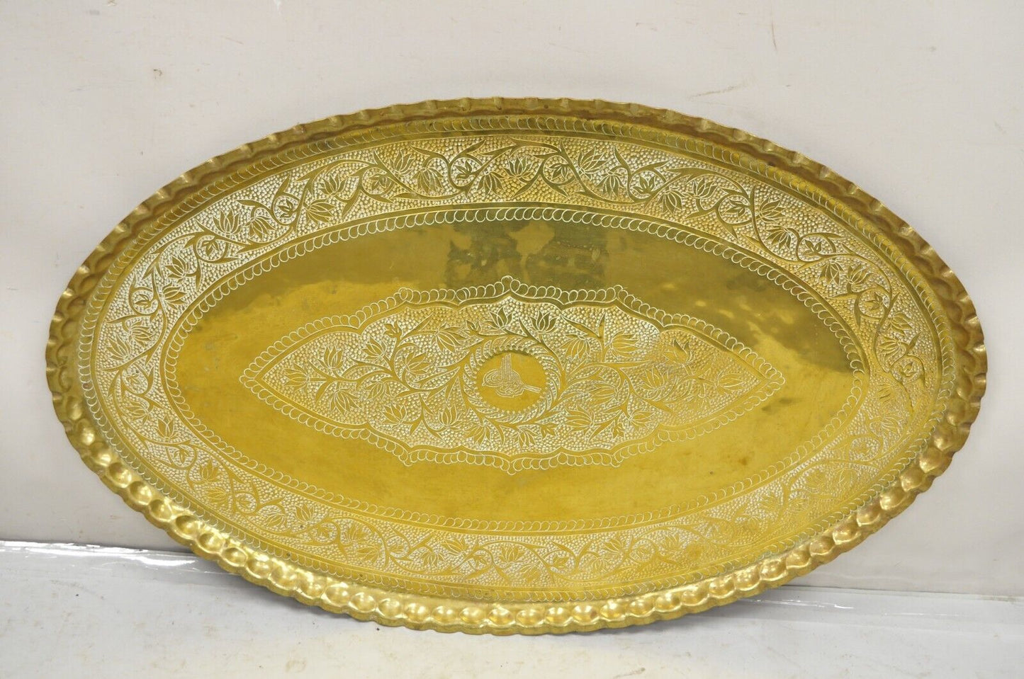Vintage Solid Brass 45" Oval Moroccan Middle Eastern Etched Brass Tray Table Top