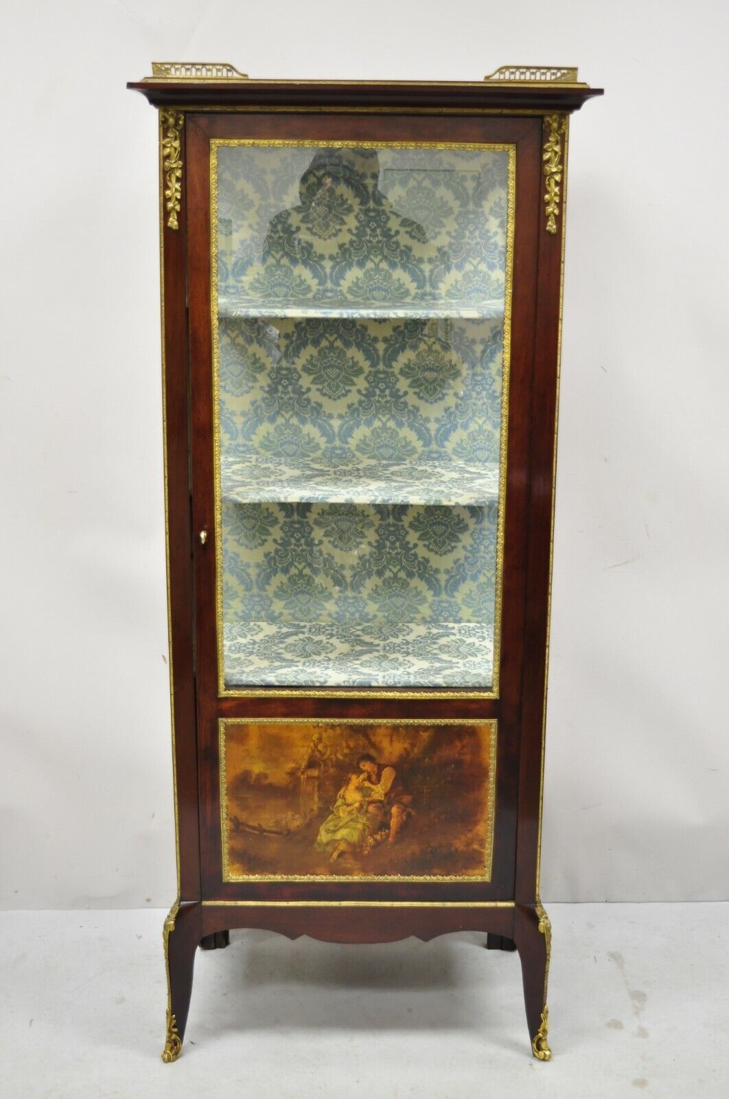 Antique French Louis XV Style Bronze Mount Hand Painted Curio Display Cabinet