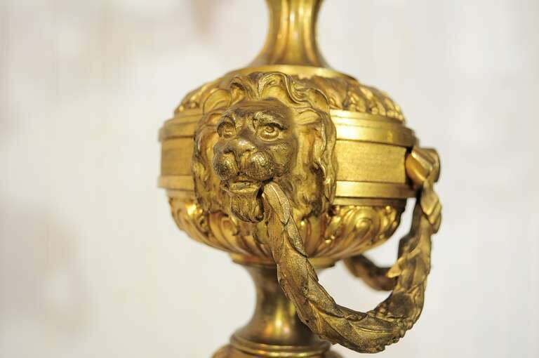 19th C. Figural French Louis XV Style Gilt Bronze Lion Candelabra Table Lamp