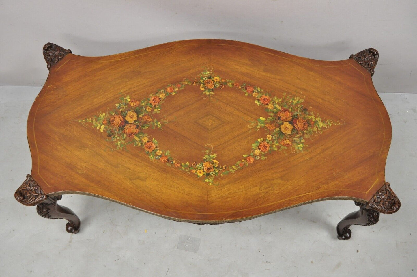 Vintage French Louis XV Style Walnut Coffee Table with Hand Painted Floral Top