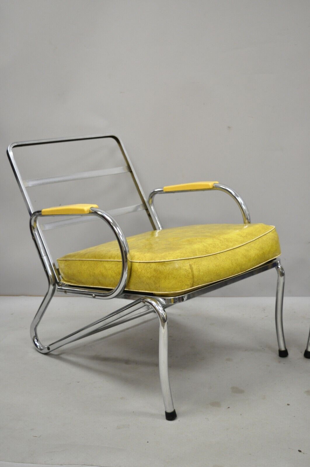 Pair Art Deco Tubular Chrome Yellow Vinyl Club Lounge Arm Chairs Attr. Lloyd Mfg