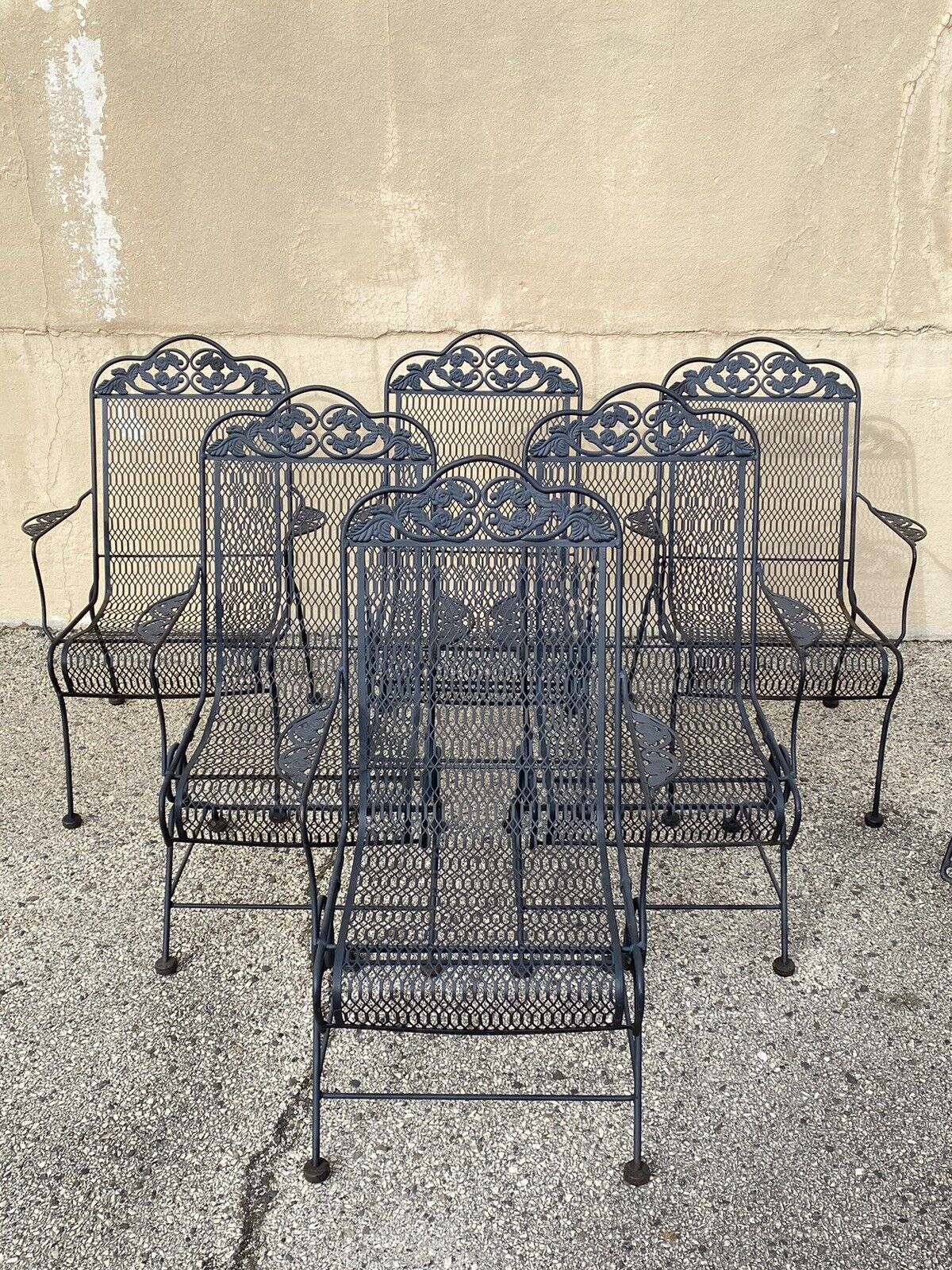 Vintage Wrought Iron Rose and Vine Pattern Garden Patio Chairs - 7 Pc Set