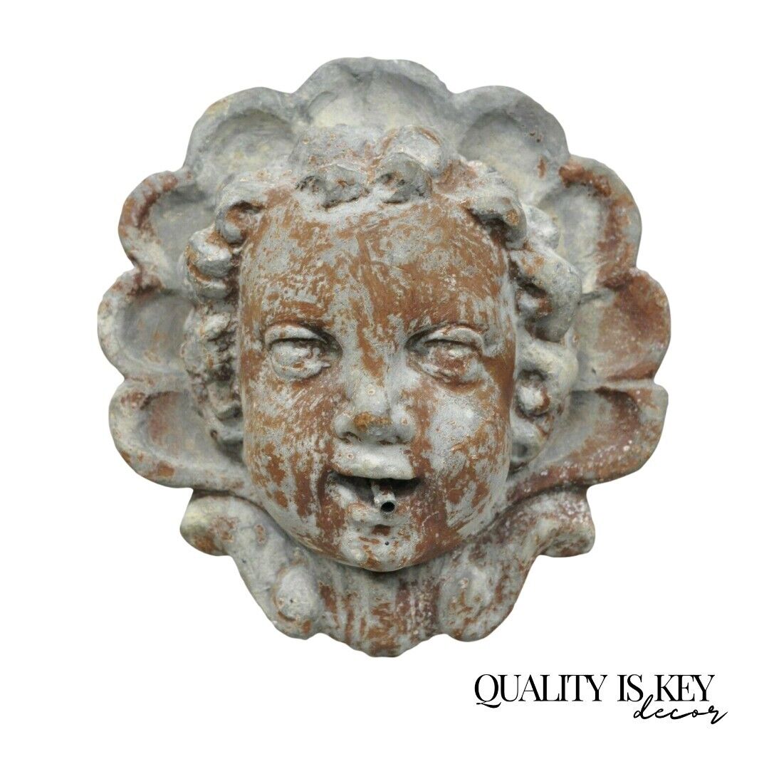 Antique French Neoclassical Small Lead Cherub Head Garden Wall Fountain