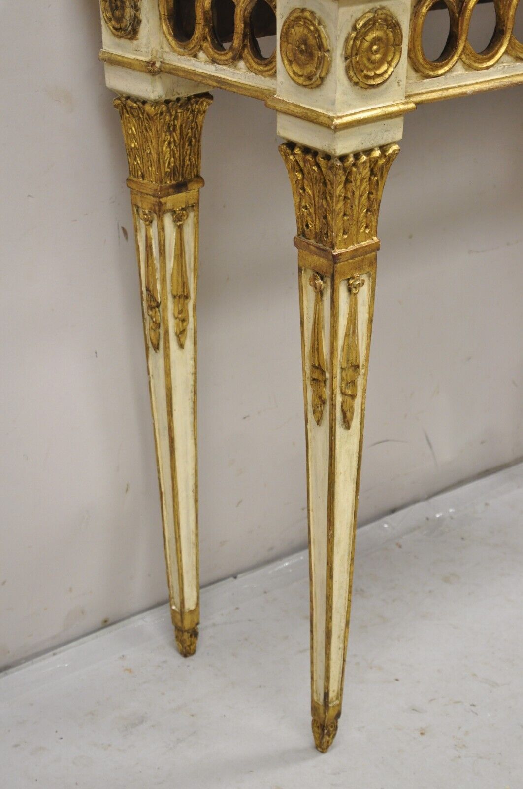 Vintage Italian Neoclassical Style Marble Top Cream and Gold Gilt Console Table