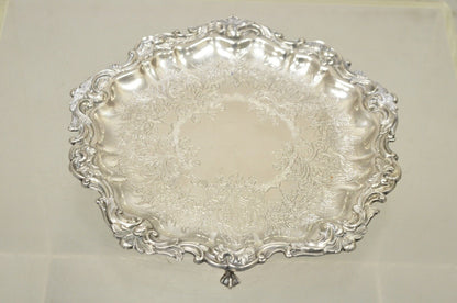 Victorian Silver Plated Small Scalloped Round Serving Platter Tray on Feet