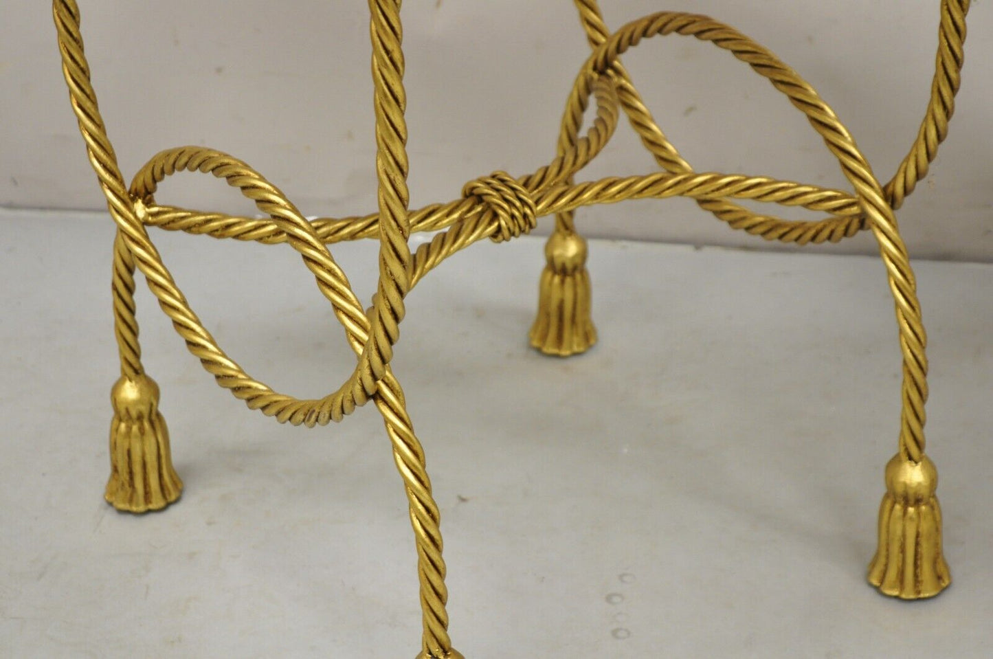 Italian Hollywood Regency Gold Iron Rope Tassel Pink Marble Top Side Table Pair