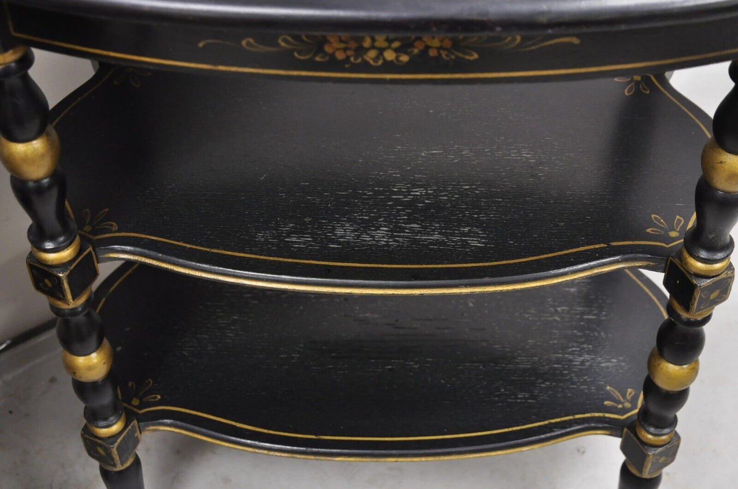 Vintage Chinoiserie Black Painted Oval 3 Tier Side Tables by Yeager - a Pair