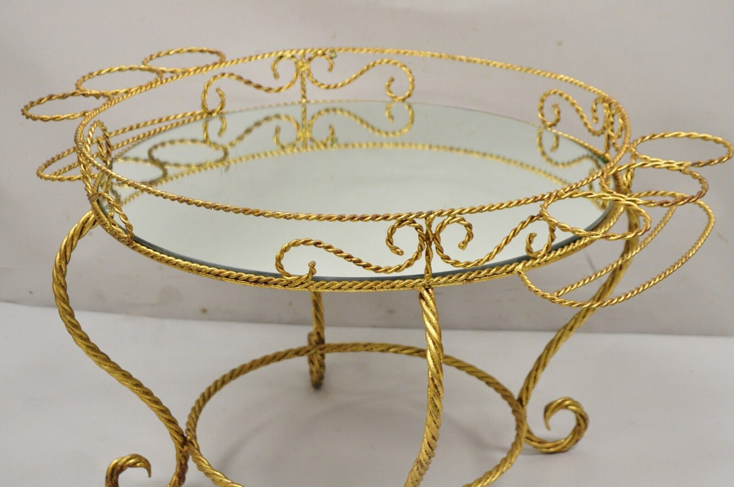 Vtg Italian Hollywood Regency Iron Gold Rope Bar Coffee Table Round Mirror Top