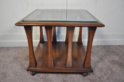 Vintage Mid Century Modern Sculpted Square Walnut Glass Side End Table Kagan Sty