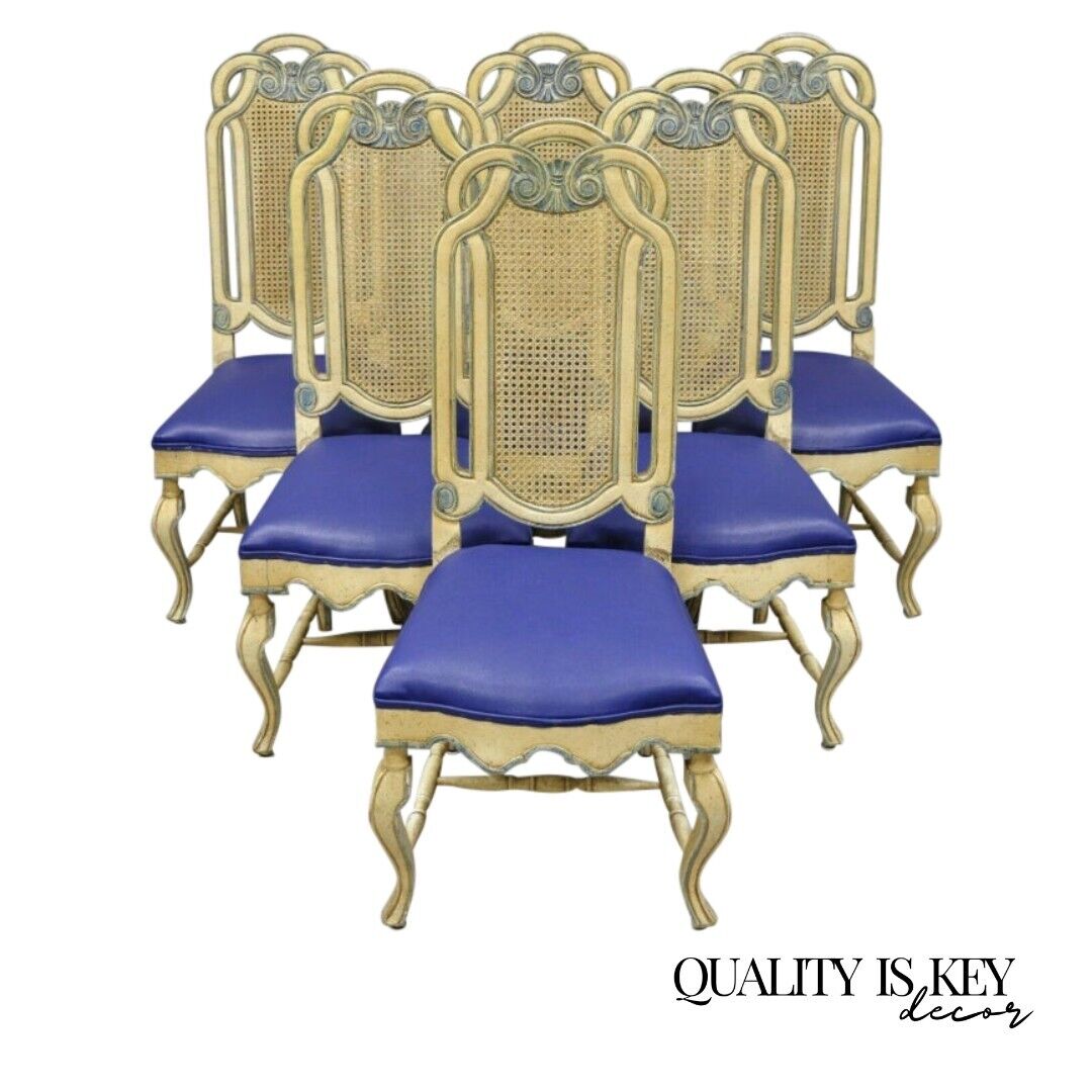 Set of 6 Vintage French Hollywood Regency Style Cane Pretzel Back Dining Chairs