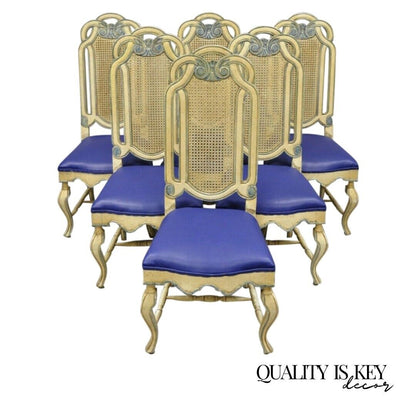 Set of 6 Vintage French Hollywood Regency Style Cane Pretzel Back Dining Chairs