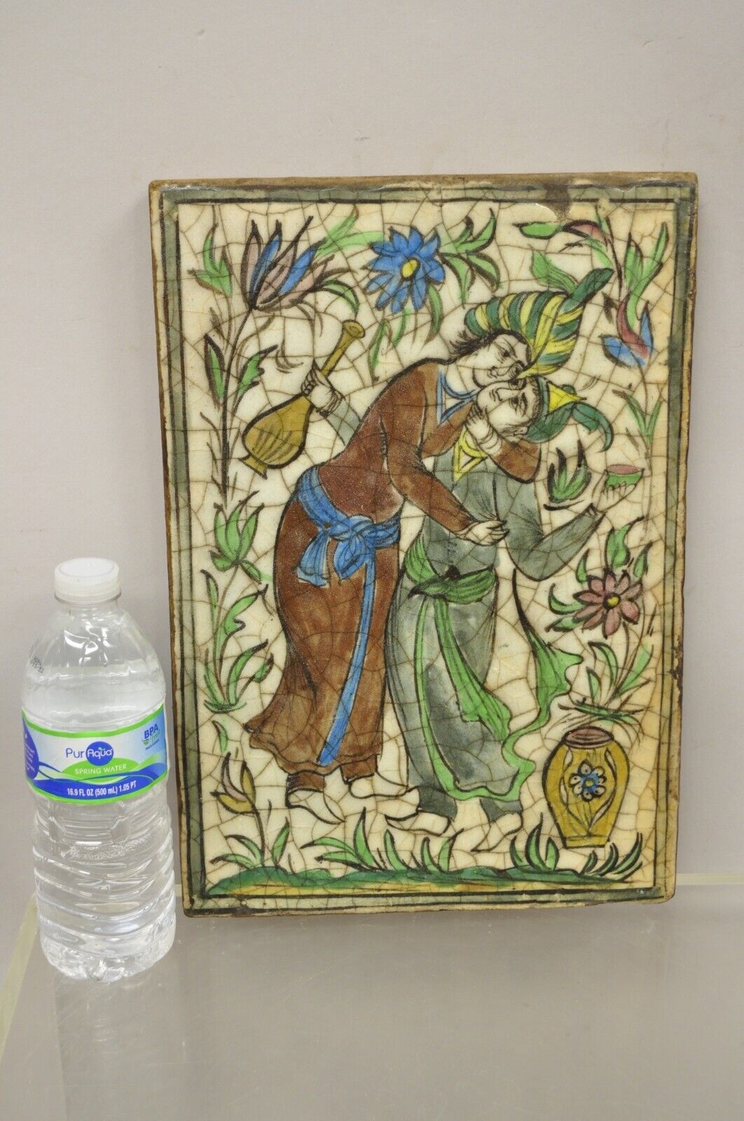 Antique Persian Iznik Qajar Style Ceramic Pottery Tile Green Couple Embrace C1