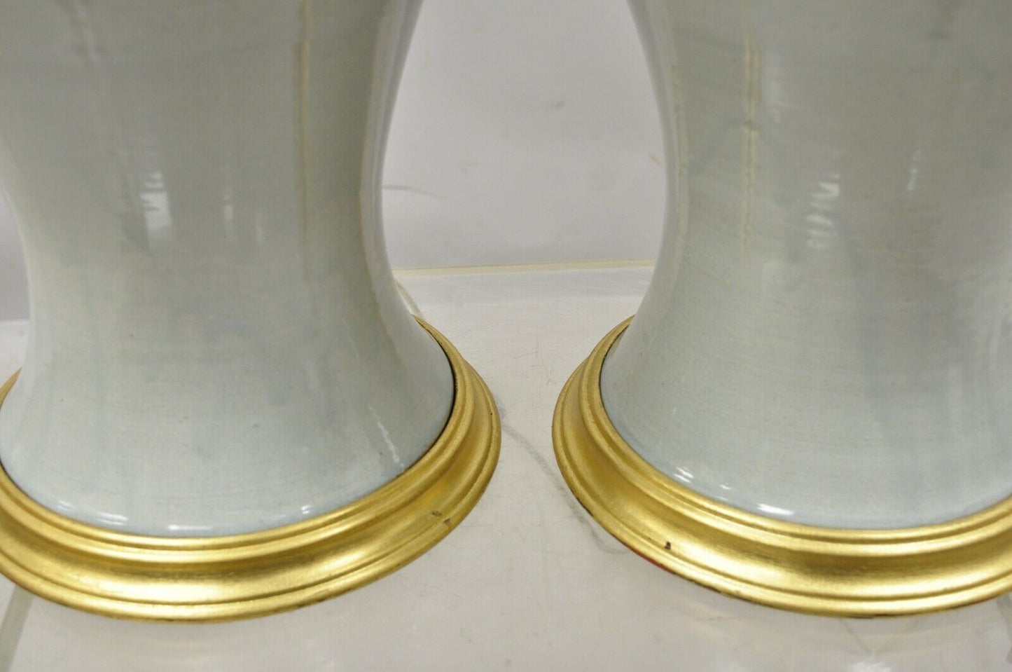 Modern Celadon Green Glazed Ceramic Brass Bulbous Stoneware Table Lamps - a Pair