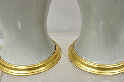 Modern Celadon Green Glazed Ceramic Brass Bulbous Stoneware Table Lamps - a Pair
