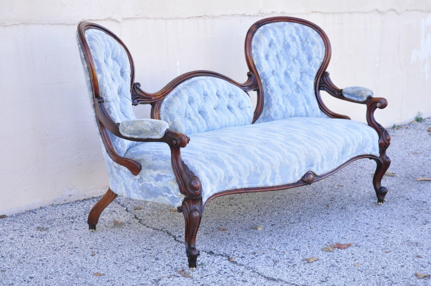 Antique Victorian Carved Mahogany Triple Hump Back Parlor Fireside Sofa