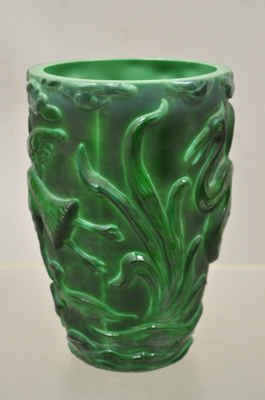 Vintage Art Deco Green Glass "Malachite" Bird and Fish Vessel Vase