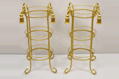 Italian Hollywood Regency 3 Tier Gold Iron Rope Tassel Stand Side Tables - Pair