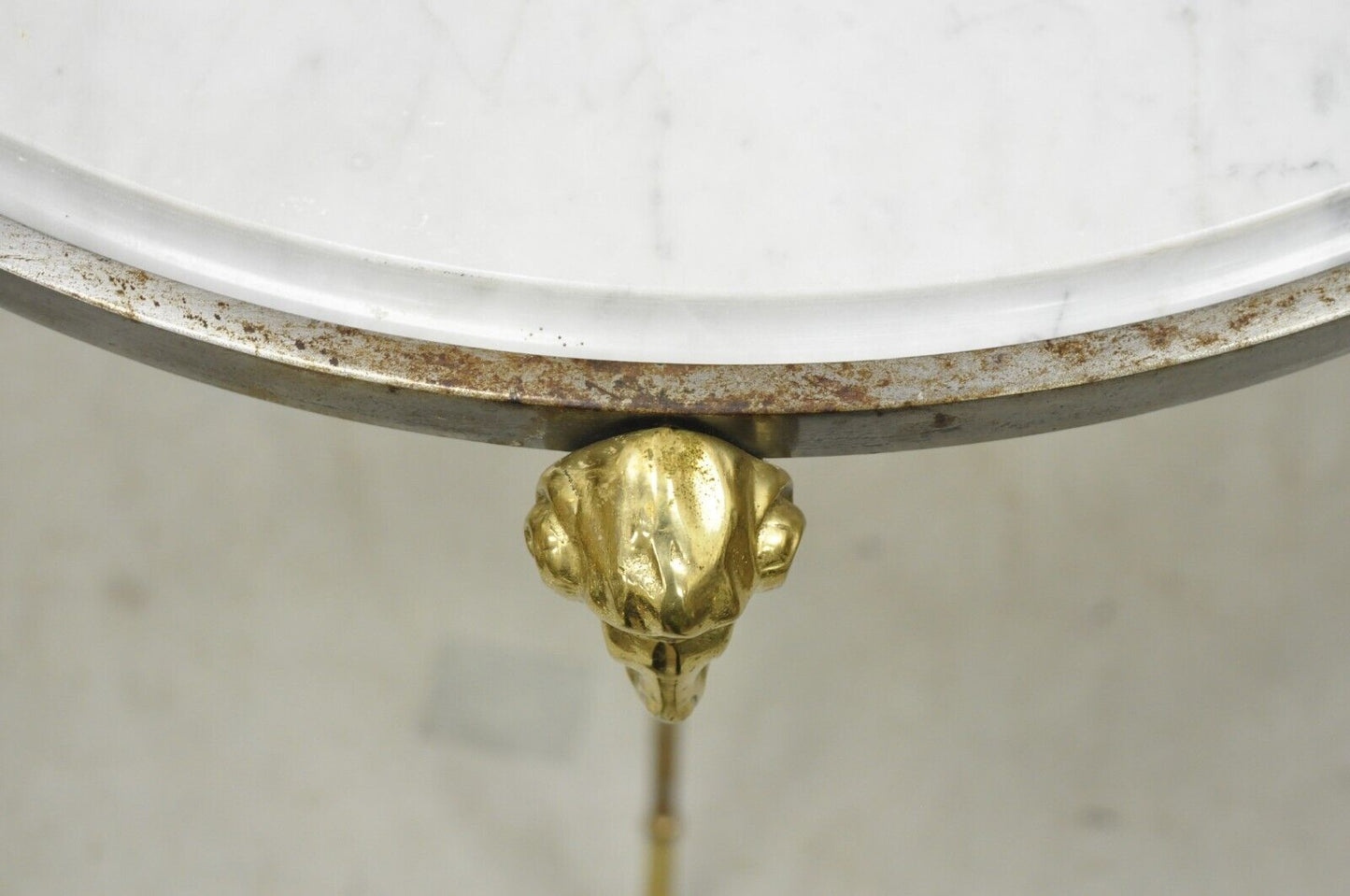 Italian Neoclassical Style Brass Rams Head Steel Metal Round Marble Side Table