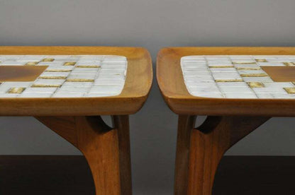 Pair of Mid Century Danish Modern Walnut & Tile Dish Top Sculptural End Tables