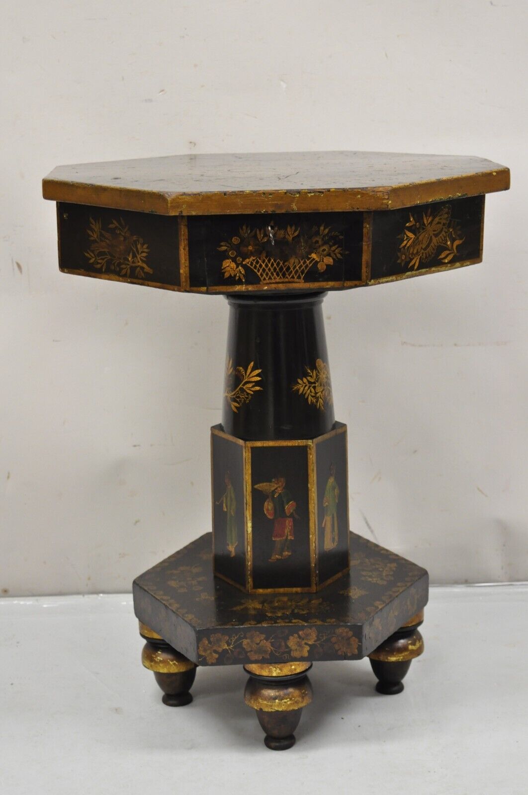Antique Chinoiserie Gold Gilt Hand Painted Pedestal Base Sewing Box Stand Table