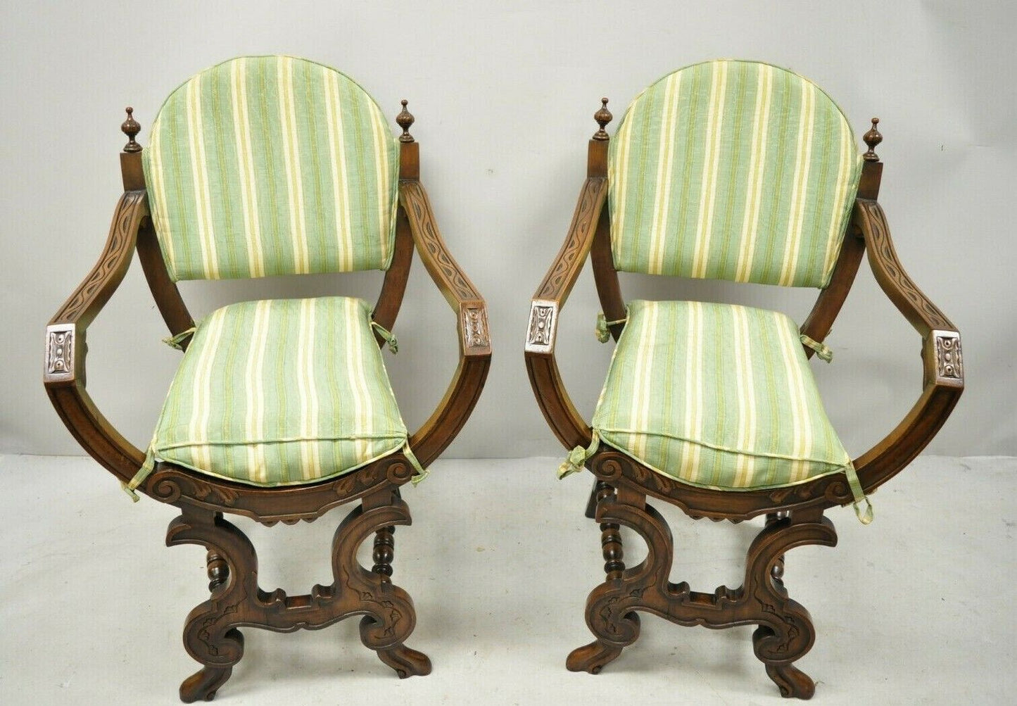 Antique Italian Renaissance Carved Walnut Savonarola Throne Arm Chairs - a Pair