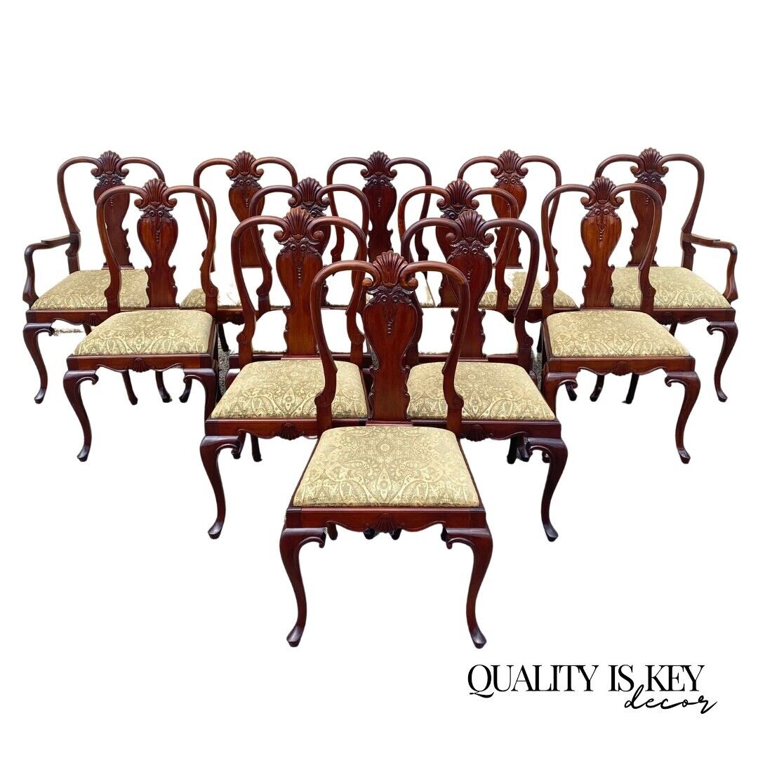 Queen Anne Style Solid Mahogany Carved Fan T-Back Dining Chairs- Set of 12