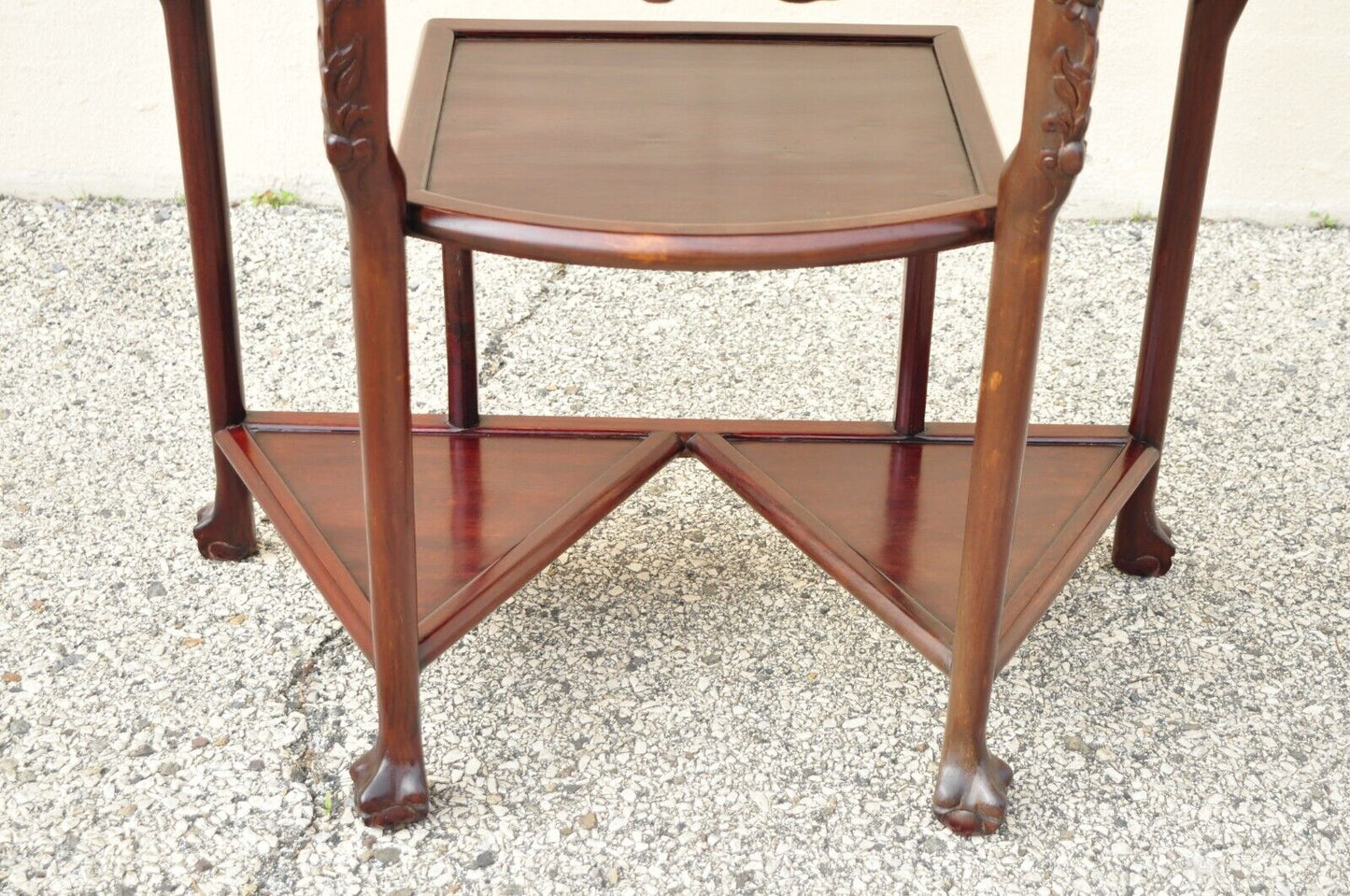 Vintage Oriental Chinese Carved Hardwood Demilune Marble Top Console Table