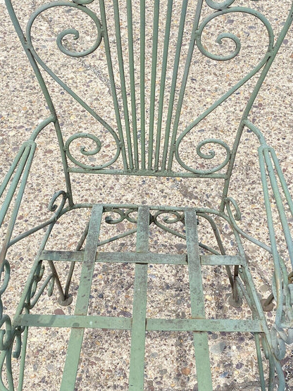 Vintage Neoclassical Style Green Wrought Iron Lyre Harp Garden Chairs - Set of 4