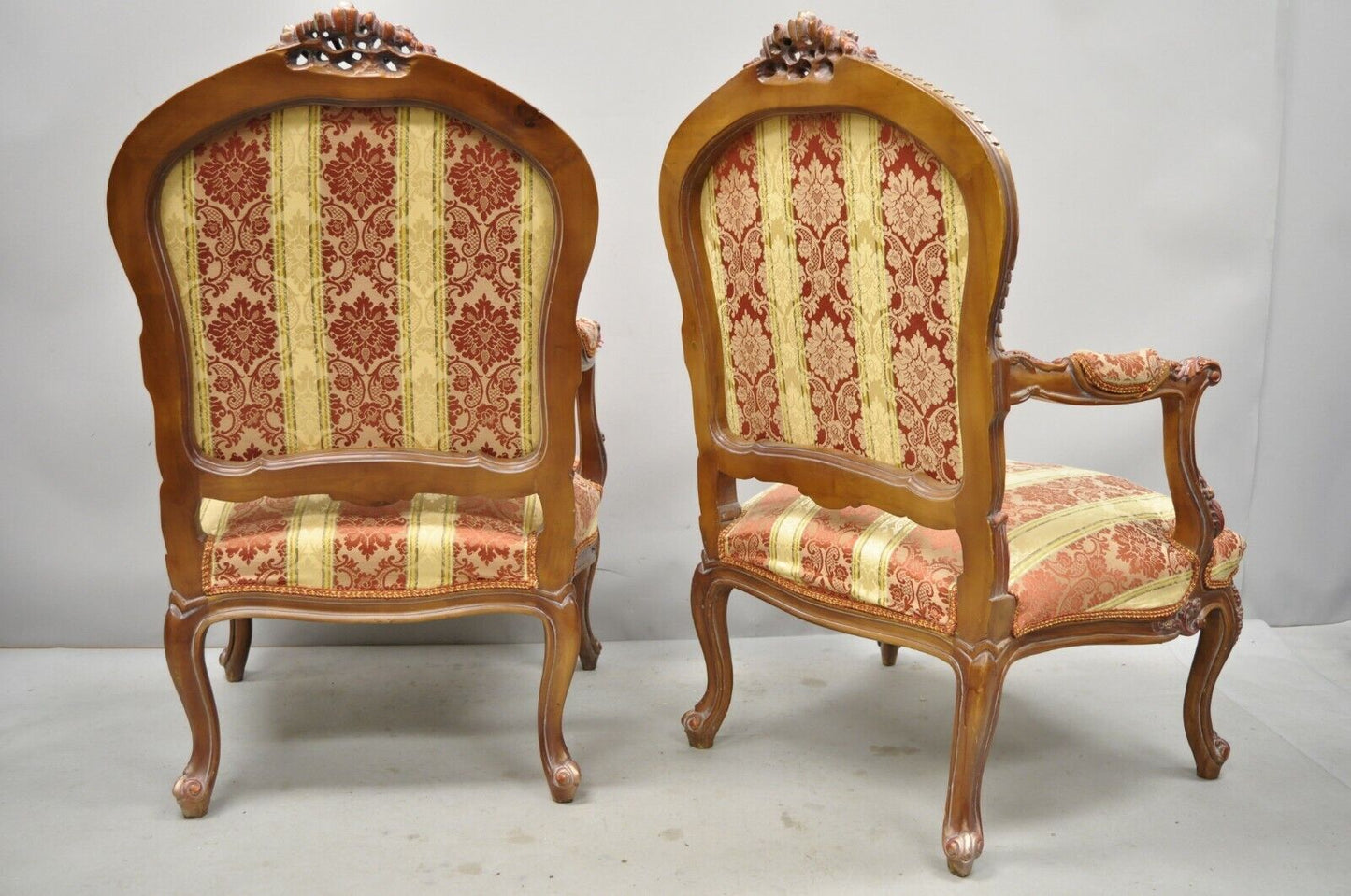 Pair of French Louis XV Style Repro Pink and Gold Bergere Lounge Arm Chairs