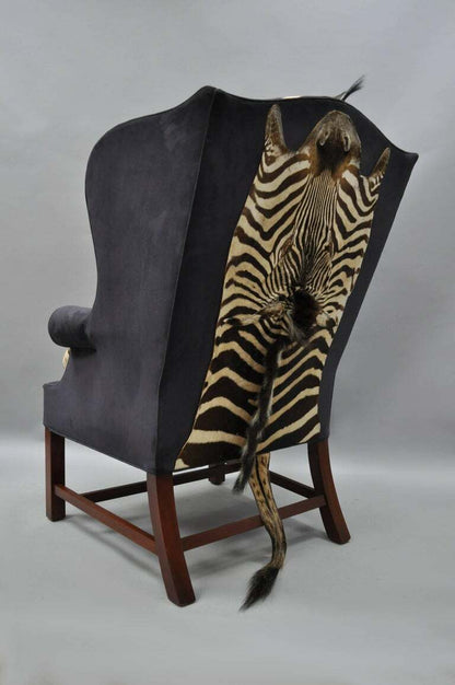 Zebra Hide Blue Suede Mahogany English Georgian Style Wingback Library Chair