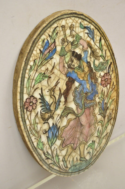 Antique Persian Iznik Qajar Style Ceramic Pottery Oval Tile Blue Dancer C3