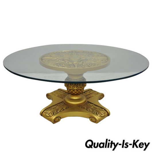 Hollywood Regency Dorothy Draper Style Gold Pedestal Base Glass Top Coffee Table