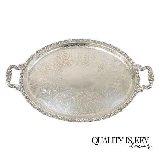 Antique English Victorian Art Nouveau Floral Repousse Oval Serving Platter Tray