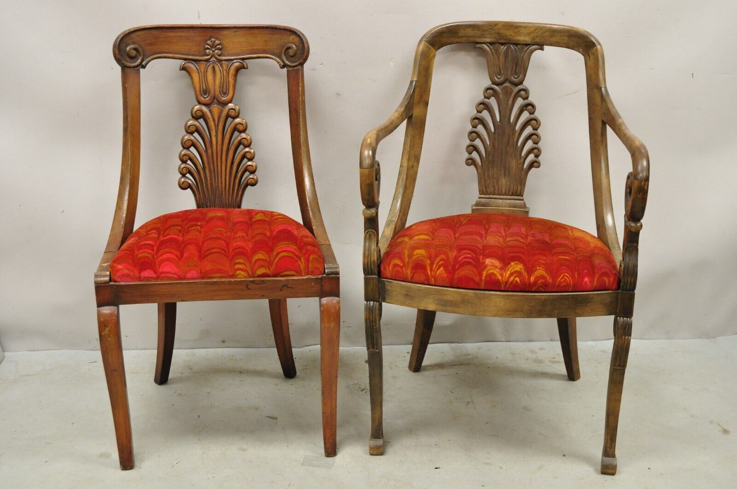 Vintage Regency Style Plume Carved Walnut Saber Leg Dining Chairs - Set of 6