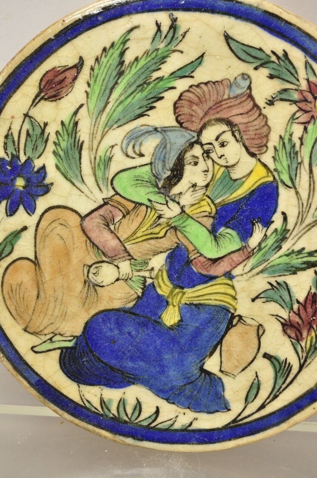 Antique Persian Iznik Qajar Style Ceramic Pottery Round Tile Sitting Couple C4