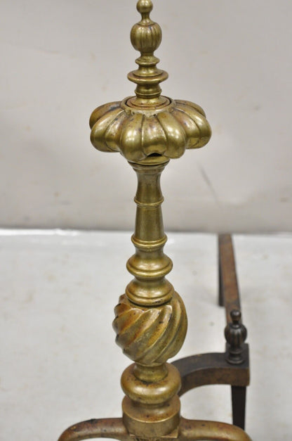 Antique French Empire Style Bronze Brass Spiral Column Andirons- a Pair