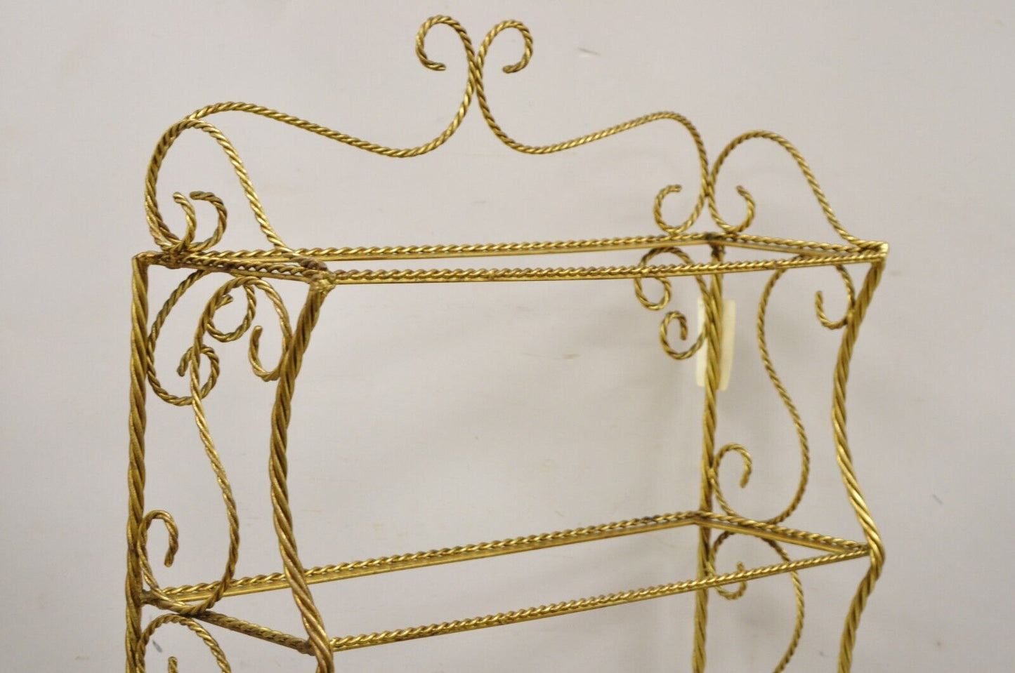 Italian Hollywood Regency Gold Gilt Iron 5 Tier Rope Tassel Etagere Shelf Stand