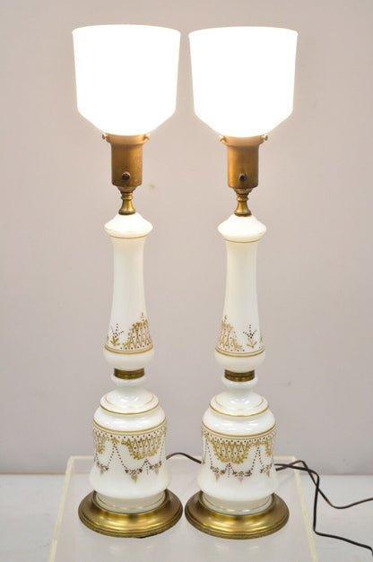 Pair of Vintage White Porcelain French Neoclassical Gold Gilt Column Table Lamps