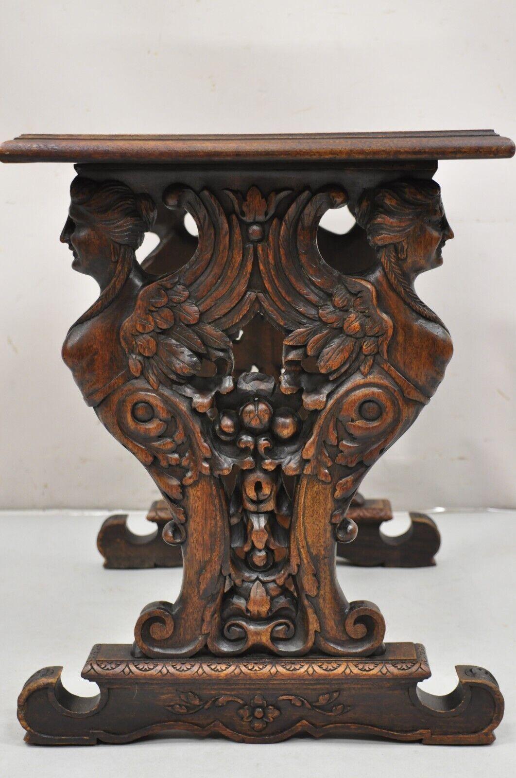 Antique Renaissance Revival Carved Winged Maiden Walnut Mirror Top Side Table