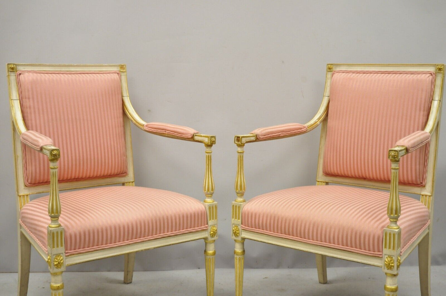 Pair Italian Neoclassical Parcel Gilt Cream Louis XVI Directoire Arm Chairs (A)